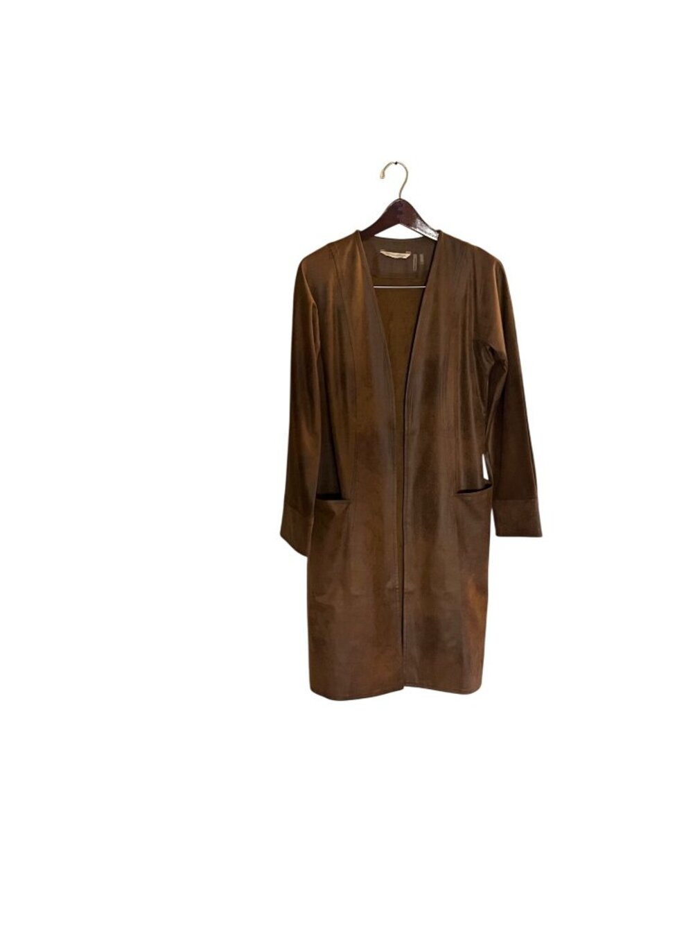 Soft Surroundings Faux Leather Cognac Brown Long Sleeve Open Jacket Pockets XS